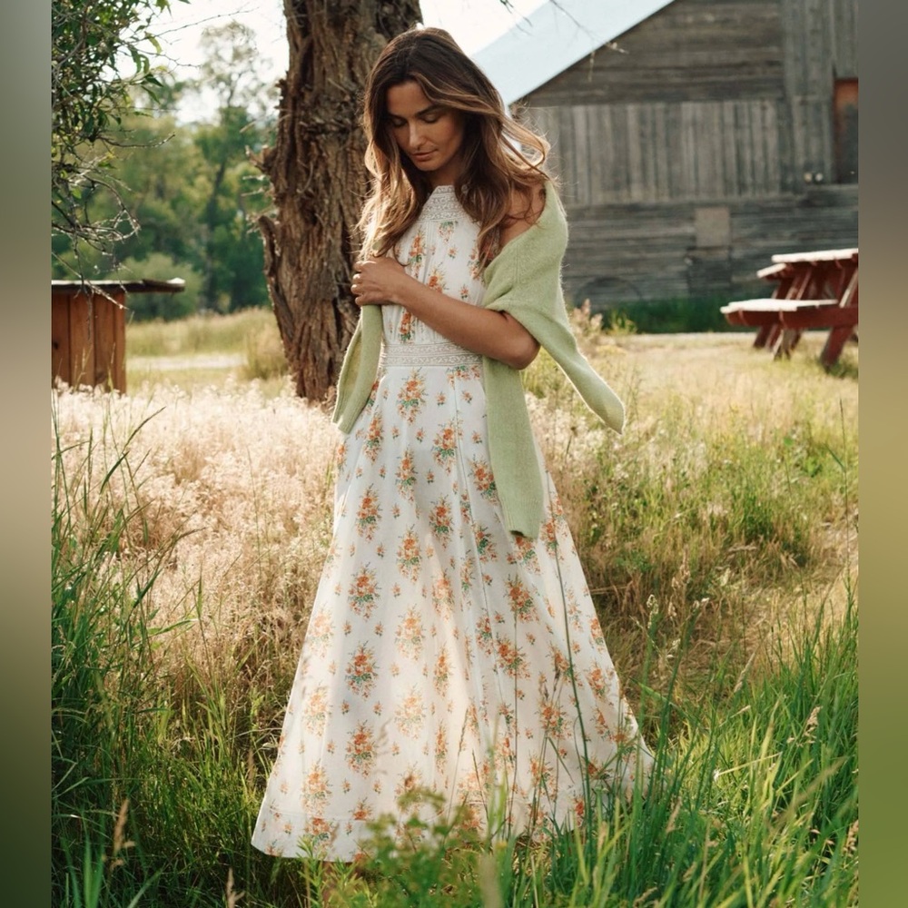 Doen Cream Floral Maxi Dress with Green Cardigan Accent